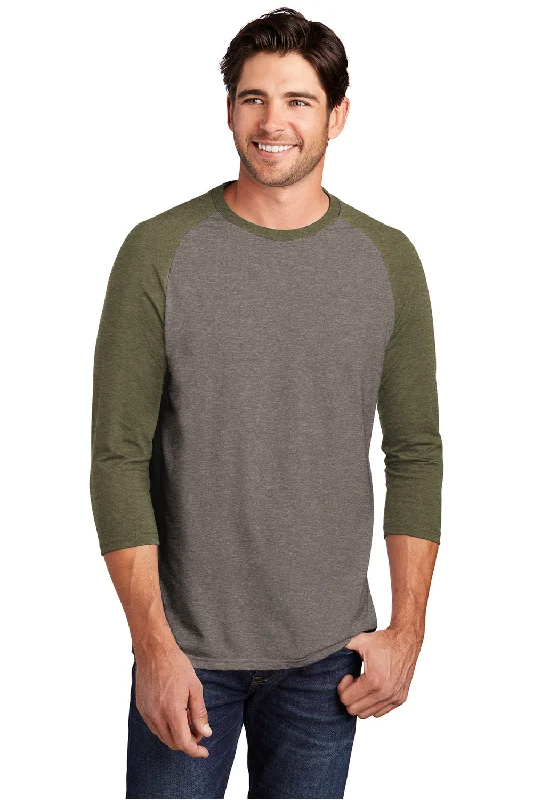 Men’s short-sleeve glint tops-District Mens Perfect Tri 3/4 Sleeve Crewneck T-Shirt - Grey Frost/Military Green Frost