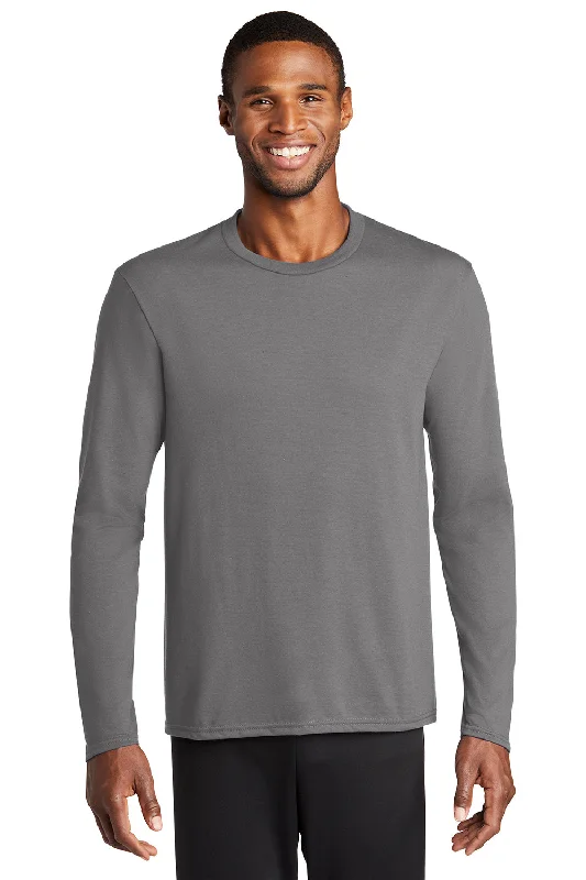 Men’s short-sleeve urge tops-Port & Company Mens Dry Zone Performance Moisture Wicking Long Sleeve Crewneck T-Shirt - Medium Grey