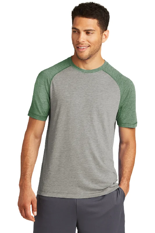 Men’s short-sleeve dint tees-Sport-Tek Mens Moisture Wicking Short Sleeve Crewneck T-Shirt - Heather Light Grey/Heather Forest Green - Closeout