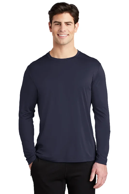 Men’s short-sleeve xeno shirts-Sport-Tek Mens Moisture Wicking Long Sleeve Crewneck T-Shirt - True Navy Blue