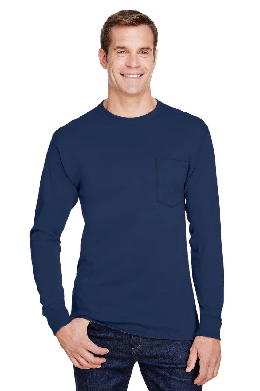 Men’s short-sleeve yowl tops-Hanes Mens Workwear UPF 50+ Long Sleeve Crewneck T-Shirt w/ Pocket - Navy Blue