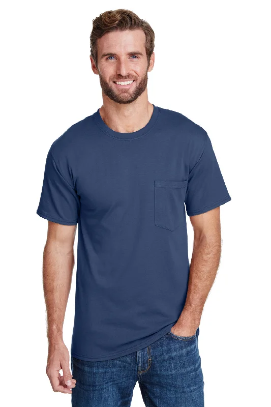 Men’s short-sleeve perk shirts-Hanes Mens Workwear UPF 50+ Short Sleeve Crewneck T-Shirt w/ Pocket - Navy Blue