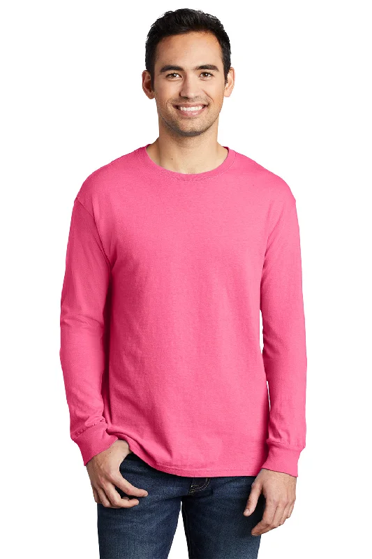 Men’s short-sleeve xing shirts-Port & Company Mens Beach Wash Long Sleeve Crewneck T-Shirt - Neon Pink