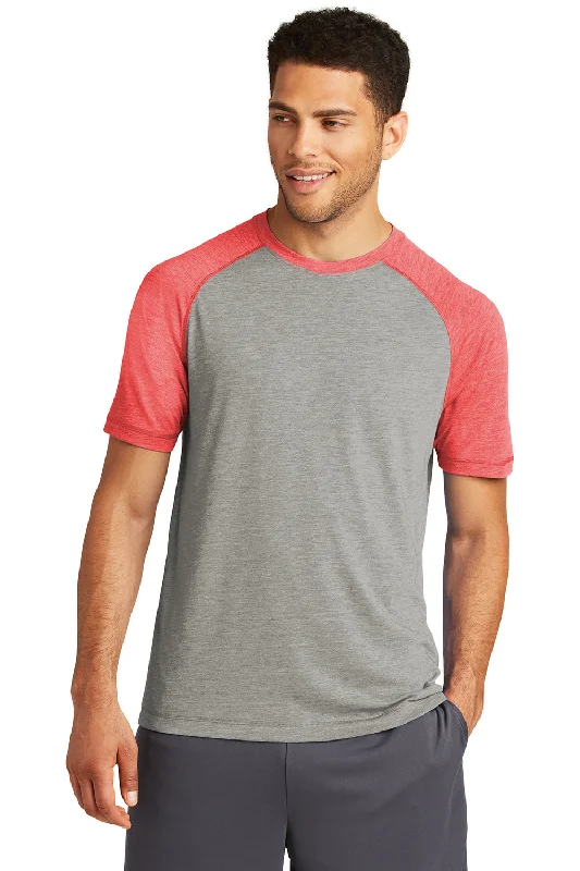 Men’s short-sleeve arch tops-Sport-Tek Mens Moisture Wicking Short Sleeve Crewneck T-Shirt - Heather Light Grey/Heather True Red - Closeout