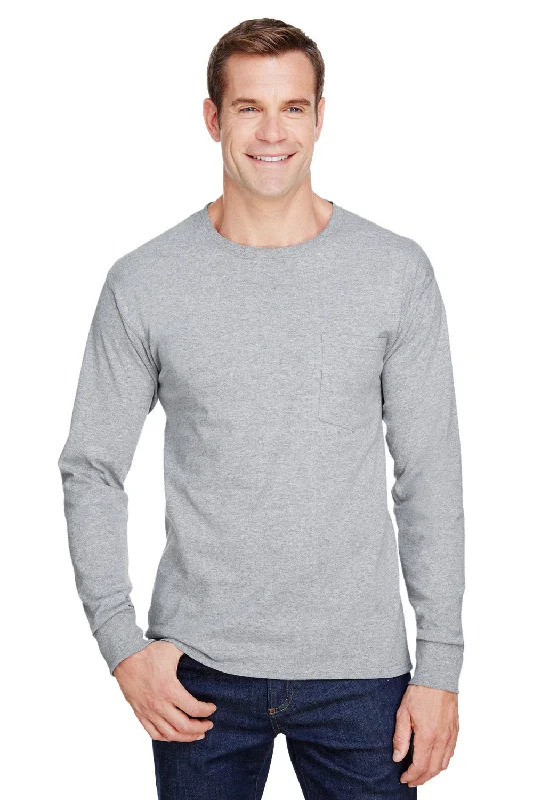 Men’s short-sleeve burr shirts-Hanes Mens Workwear UPF 50+ Long Sleeve Crewneck T-Shirt w/ Pocket - Light Steel Grey