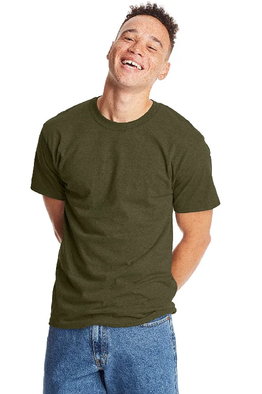 Men’s short-sleeve etch polos-Hanes Mens Beefy-T Short Sleeve Crewneck T-Shirt - Heather Military Green