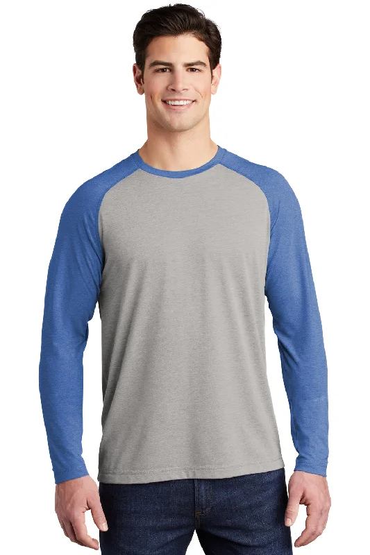 Men’s short-sleeve acme polos-Sport-Tek Mens Moisture Wicking Long Sleeve Crewneck T-Shirt - Heather Light Grey/Heather True Royal Blue