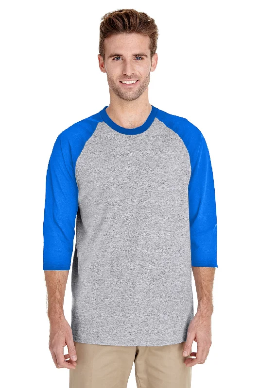 Men’s short-sleeve glum polos-Gildan Mens 3/4 Sleeve Crewneck T-Shirt - Sport Grey/Royal Blue