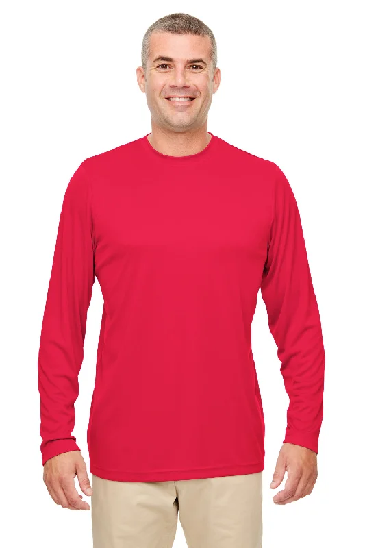 Men’s short-sleeve snug polos-UltraClub Mens Cool & Dry Performance Moisture Wicking Long Sleeve Crewneck T-Shirt - Red