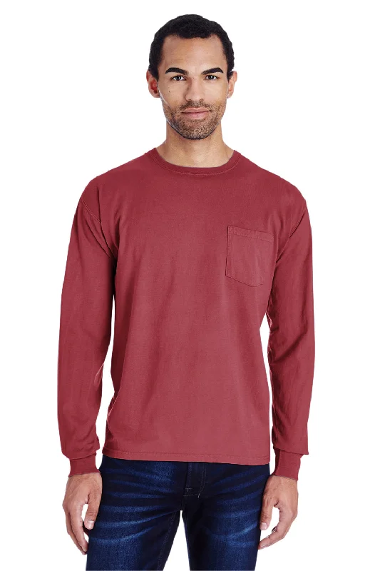 Men’s short-sleeve snug polos-ComfortWash By Hanes Mens Long Sleeve Crewneck T-Shirt w/ Pocket - Cayenne Red