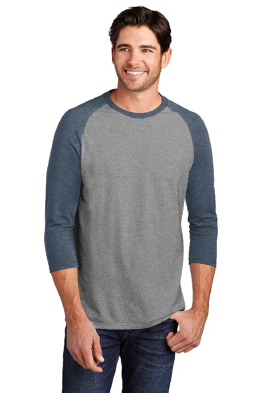 Men’s short-sleeve idly tops-District Mens Perfect Tri 3/4 Sleeve Crewneck T-Shirt - Grey Frost/Navy Blue