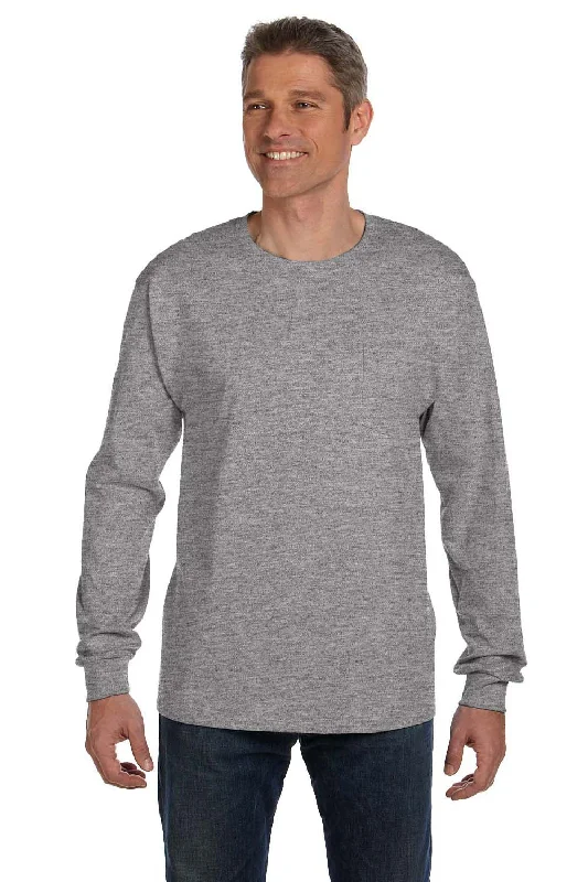 Men’s short-sleeve quid tops-Hanes Mens ComfortSoft Long Sleeve Crewneck T-Shirt w/ Pocket - Light Steel Grey