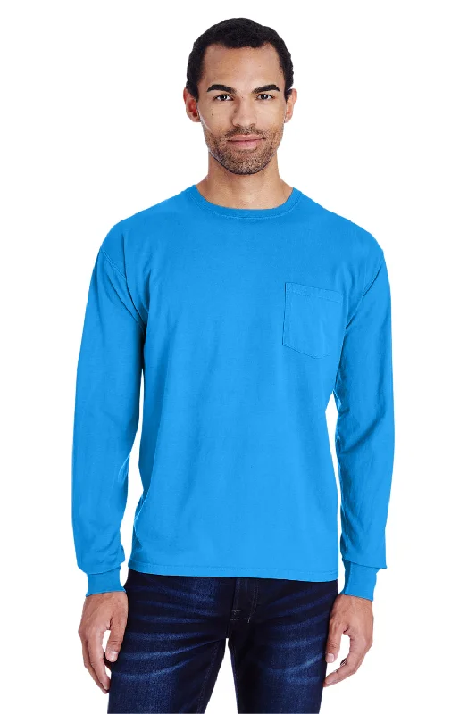 Men’s short-sleeve zany tees-ComfortWash By Hanes Mens Long Sleeve Crewneck T-Shirt w/ Pocket - Summer Sky Blue