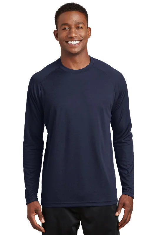 Men’s short-sleeve apex tops-Sport-Tek Mens Dry Zone Moisture Wicking Long Sleeve Crewneck T-Shirt - True Navy Blue