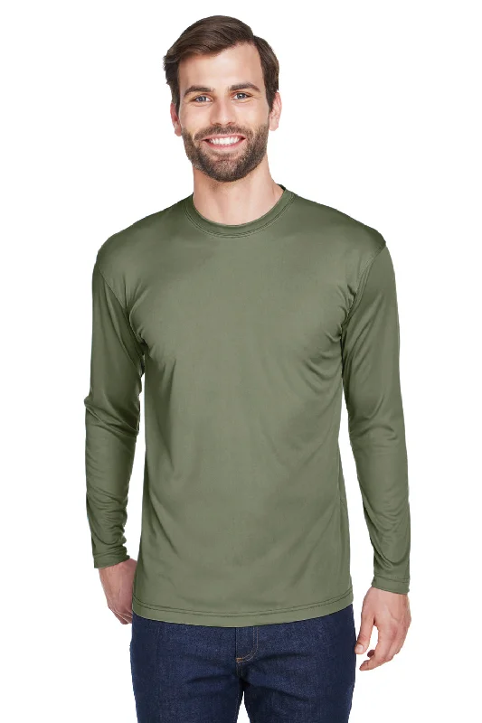 Men’s short-sleeve meld tops-UltraClub Mens Cool & Dry Performance Moisture Wicking Long Sleeve Crewneck T-Shirt - Military Green