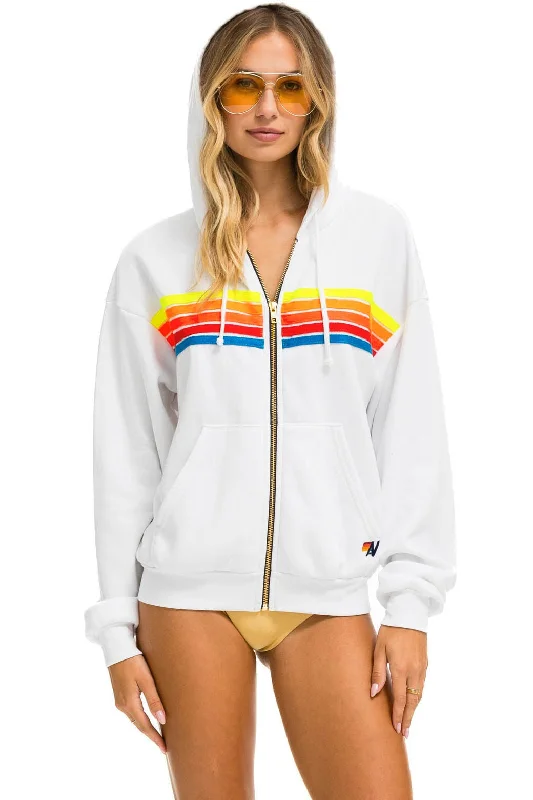 mens hoodie for minimalist street style-5 STRIPE RELAXED ZIP HOODIE - WHITE // NEON RAINBOW