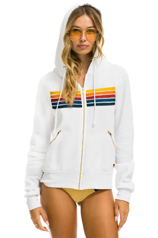 mens hoodie with elegant finish-5 STRIPE ZIP HOODIE  W/ ZIP POCKETS - WHITE