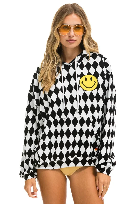 mens hoodie with tailored street appeal-DIAMOND SMILEY 2 EMBRIODERY RELAXED PULLOVER HOODIE - WHITE // BLACK