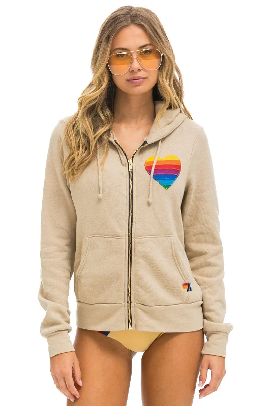 mens hoodie with convenient zippered pockets-RAINBOW HEART STITCH ZIP HOODIE - SAND