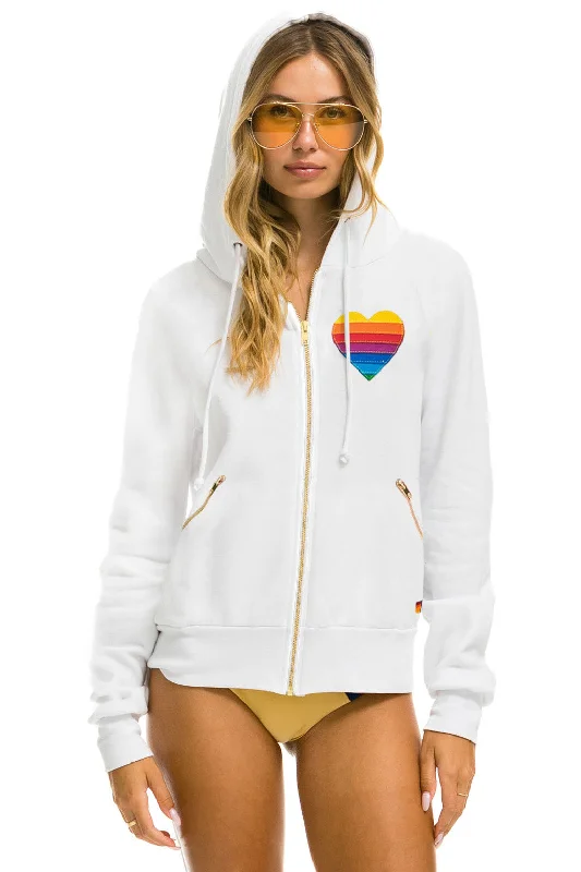 mens hoodie for relaxed, functional wear-RAINBOW HEART STITCH ZIP HOODIE W/ POCKETS - WHITE