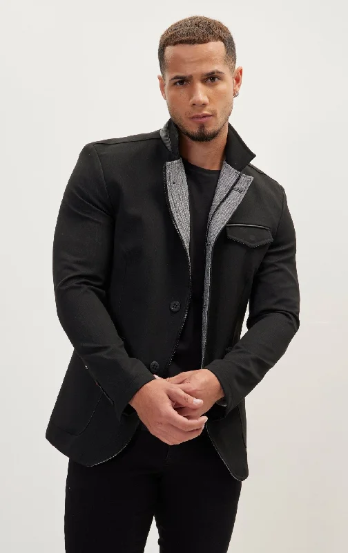 men's jackets with practical pockets-Stand Collar Sport Coat - Black