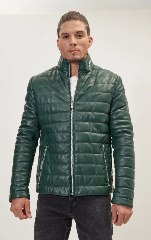 men's jackets with fabric and leather mix-Lambskin Leather Puffer Jacket - Green