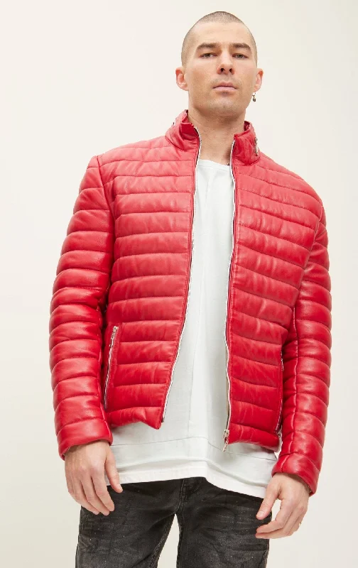 men's jackets for heavy-duty use-Lambskin Leather Puffer Jacket - Red