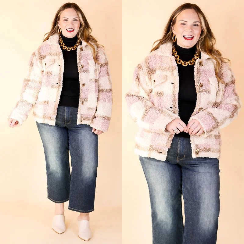 men's jackets with fashionable zip-up design-Better in Brooklyn Plaid Button Up Sherpa Jacket in Pink and Ivory