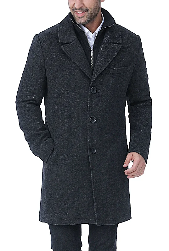 men's jackets for weekend hiking trips-BGSD Men Leon Herringbone Wool Blend Coat with Removable Bib