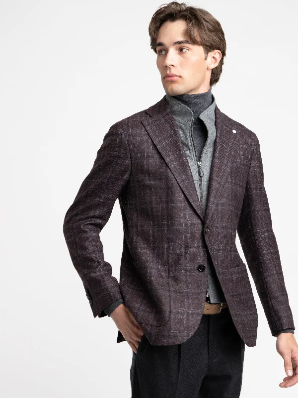 men's jackets with easy-to-wear zipper-Burgundy Check Hybrid Sport Jacket