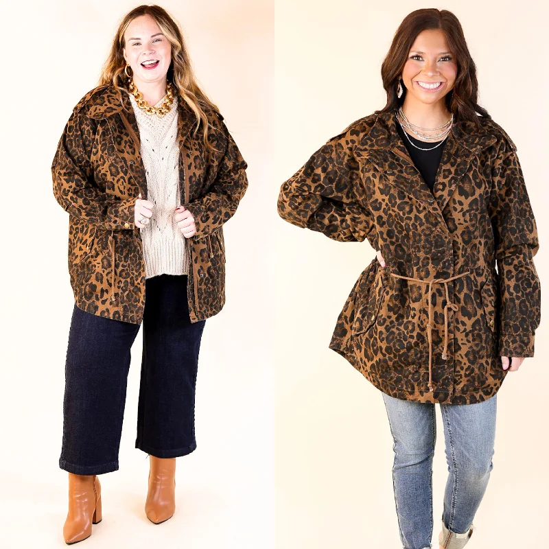 men's jackets with elastic waist design-Colder Weather Button and Zip Up Utility Jacket in Leopard Print