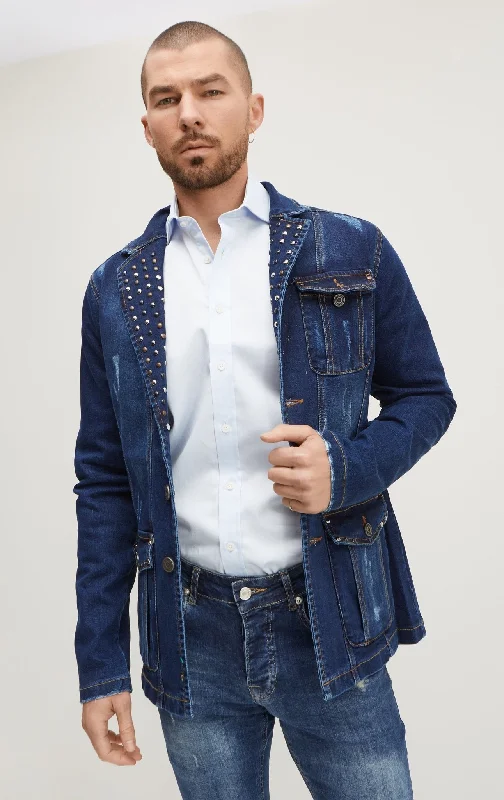 men's jackets with adjustable body fit-Artist Studded Denim Jacket  - Navy