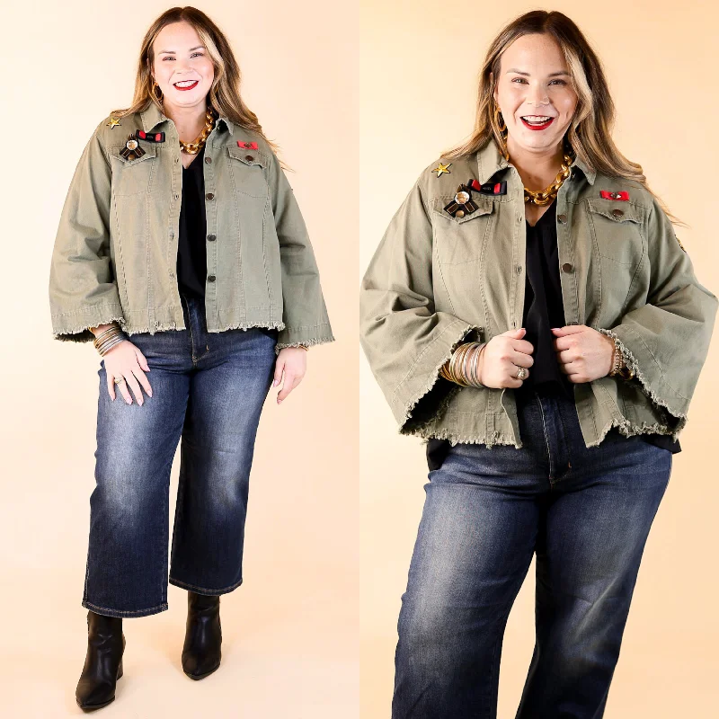 men's jackets with zippered front pockets-Downtown Denver Flare Sleeve Cropped Jacket with Patches in Olive Green