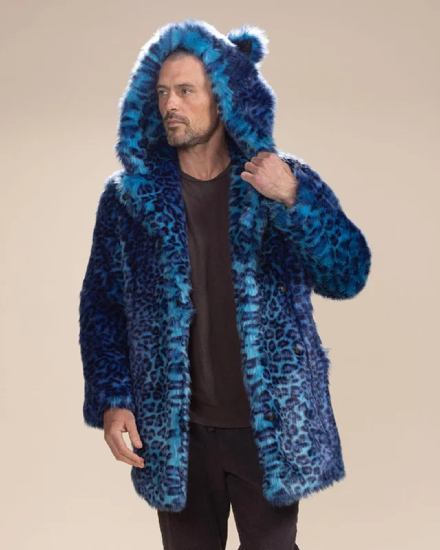 men's jackets with zippered front pockets-Classic Men's Faux Fur Coat | Electric Blue Lynx