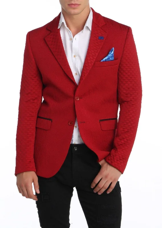 men's jackets with adjustable drawstring waist-Fitted Brocade Jacket - Red