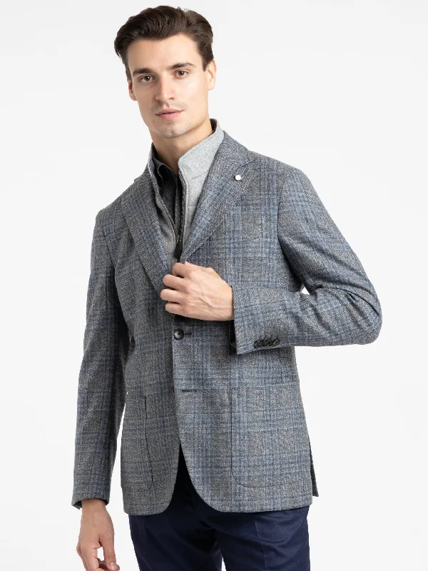 men's jackets for harsh conditions-Grey/Blue Check Hybrid Sport Jacket