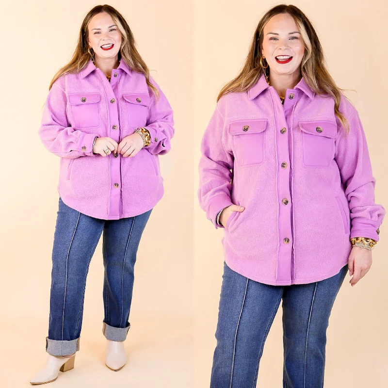 men's jackets with enhanced breathability-Hollywood Hike Button Up Fleece Jacket with Pockets in Lilac Purple