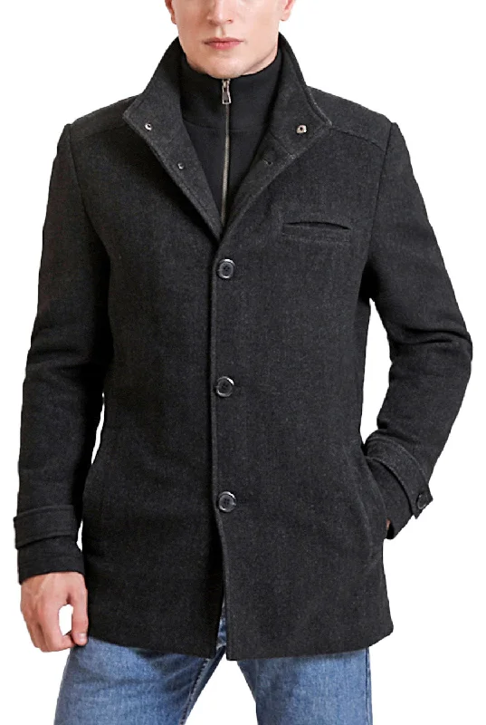 men's jackets with removable hood and cuffs-Landing Leathers Men Russell Herringbone Wool Car Coat with Removable Bib