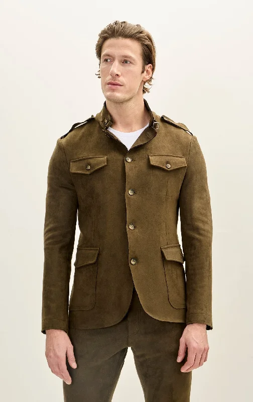 men's jackets with reflective strips for safety-Men's Microsuede Lightweight Safari Jacket - Khaki