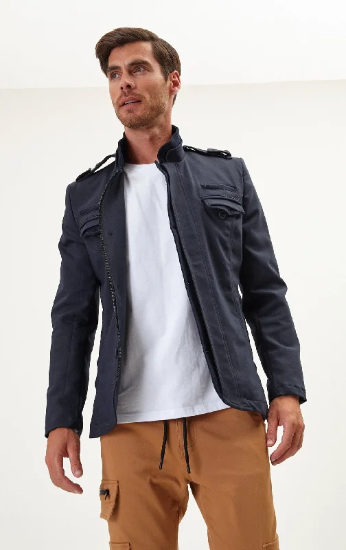 men's jackets with inner mesh lining-Epaulette Shoulder Stand Collar Jacket  - Navy