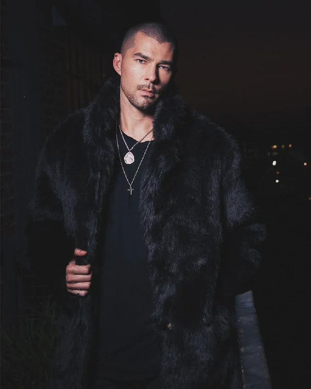 men's jackets with easy-to-wear zipper-Men's Long Faux Fur Coat | Black Serval