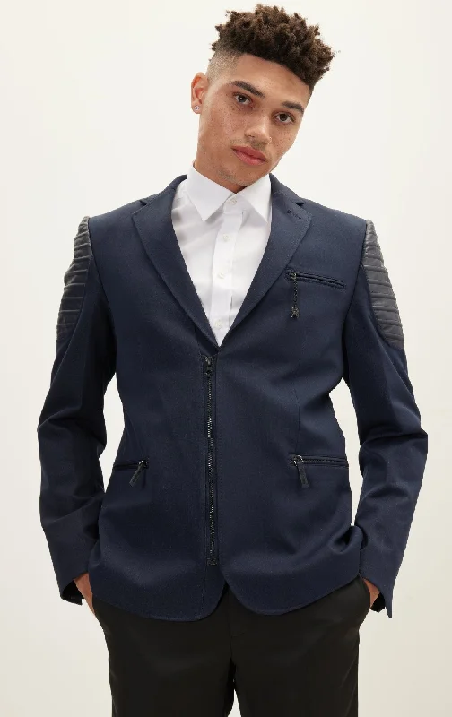 men's jackets with water-resistant coating-Moto Cross Shoulder Sports Coat - Navy