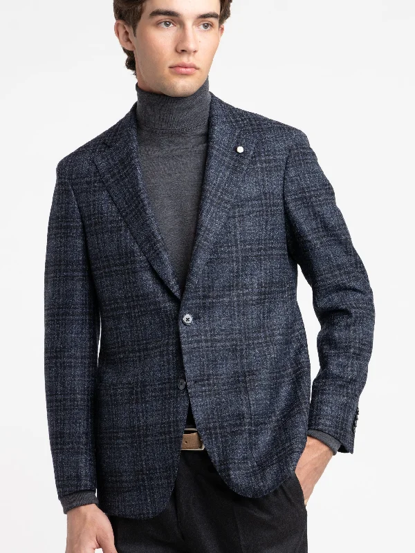 men's jackets for layering in winter-Navy Check Wool-Blend Sport Jacket