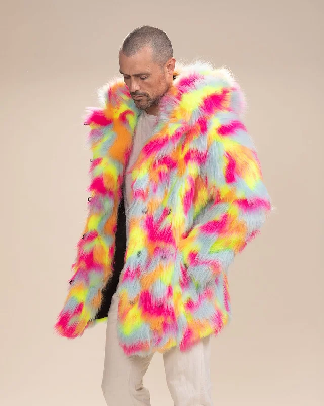 men's jackets with insulated fleece lining-Hooded Men's Faux Fur Coat | Neon Calico Cat