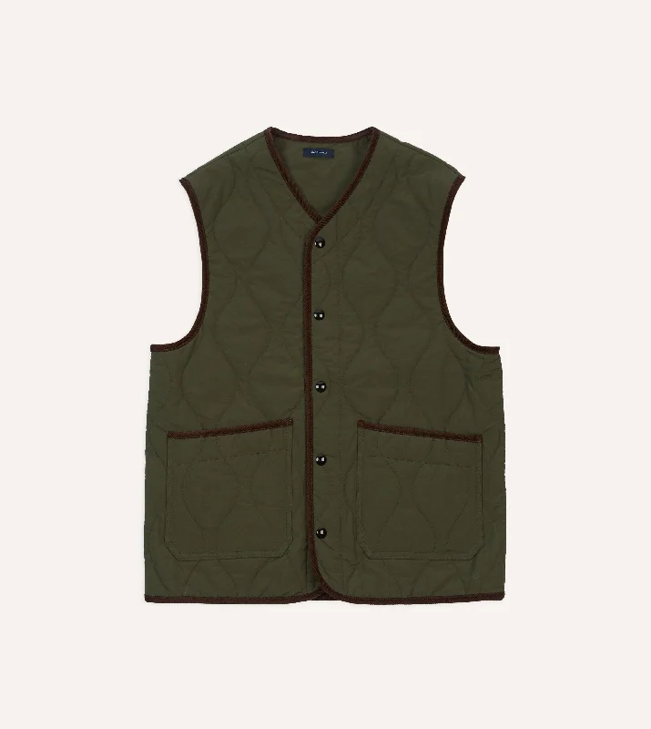 men's jackets for low temperatures-Olive Quilted Nylon Snap Vest