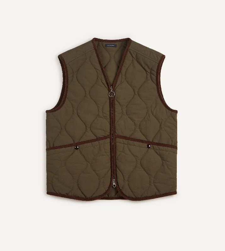 men's jackets for weekend camping trips-Olive Quilted Nylon Zip Vest