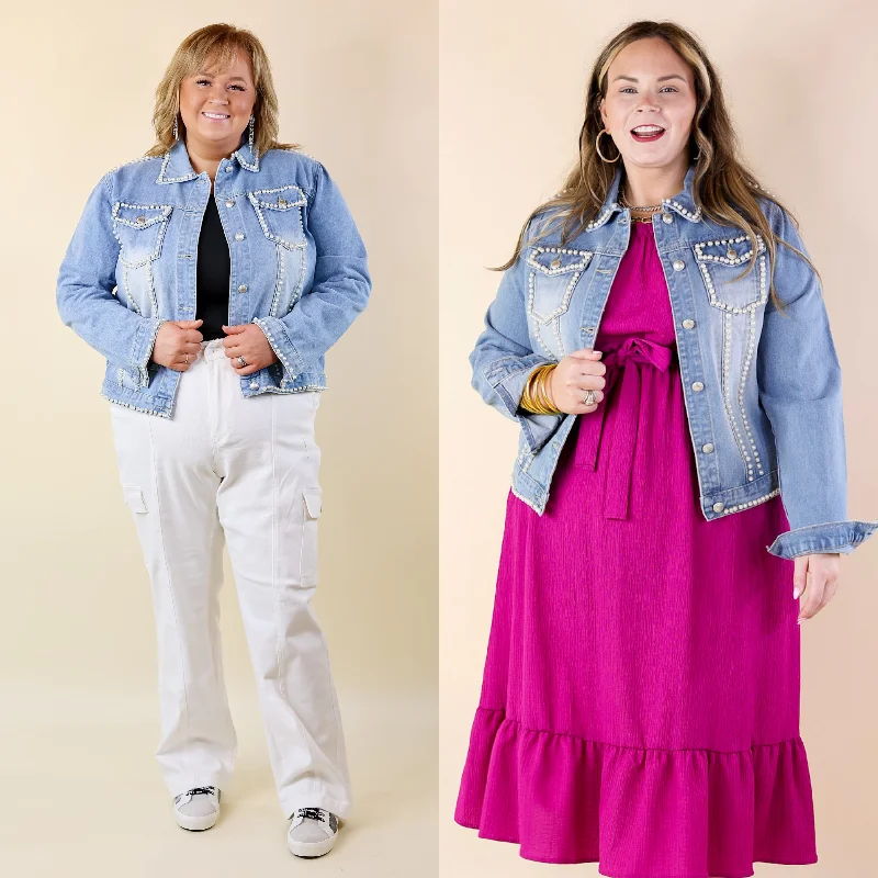 men's jackets with insulated interior lining-Pearls For the Girls Pearl Embellished Denim Jacket in Light Wash