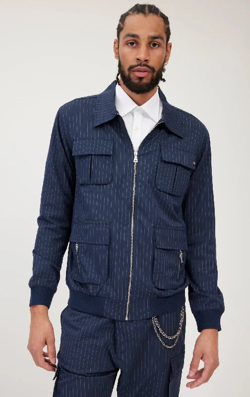 men's jackets with faux suede finish-Pinstriped Utility Bomber Jacket - Navy White