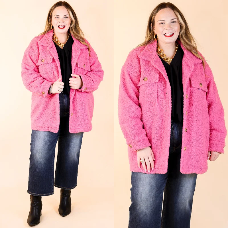 men's jackets with quilted inner lining-Plush Comfort Button Up Sherpa Shacket in Hot Pink