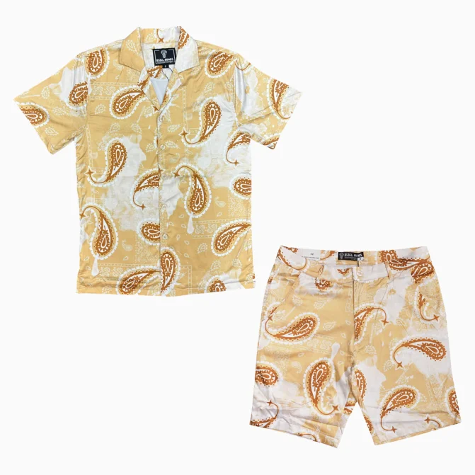 Men’s short-sleeve nape shirts-Men's Paisley Satin Shirts And Shorts Outfit